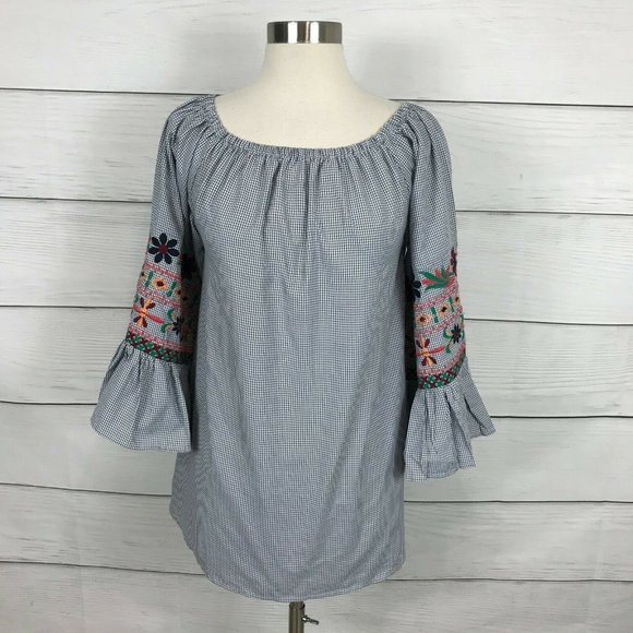 Avani del Amour Tops - Avani del Amour Womens Large L Gingham Off Shoulder Top Gray Check Embroidered